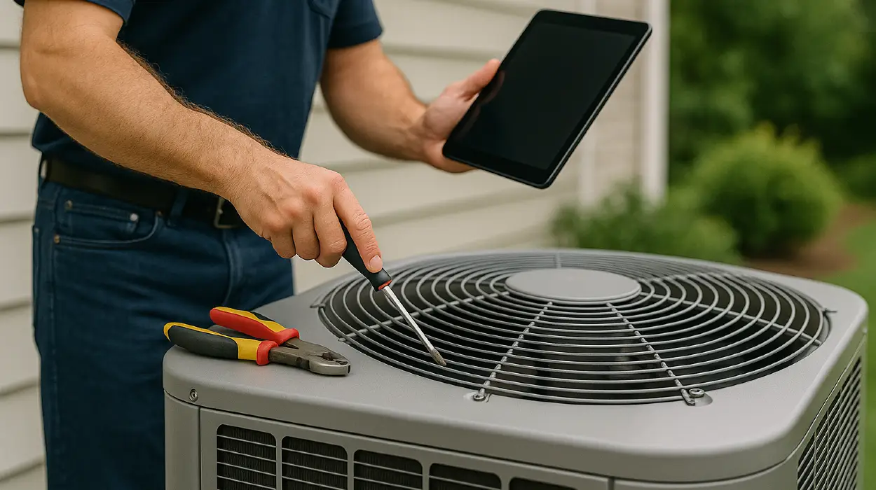 a male air conditioning technician testing an outside ac unit from Georgetown AC Repair in Georgetown, TX - AC Inspection