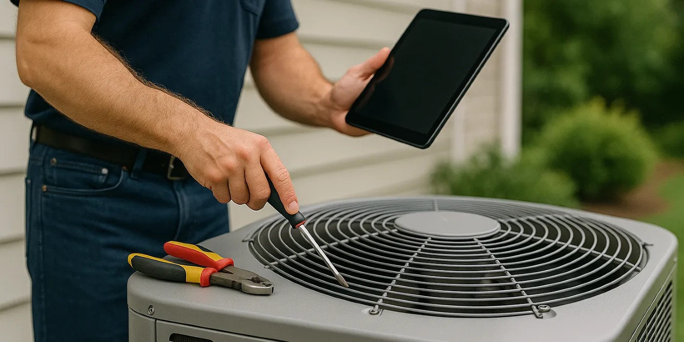 a male air conditioning technician testing an outside ac unit from Georgetown AC Repair in Georgetown, TX - AC Inspection