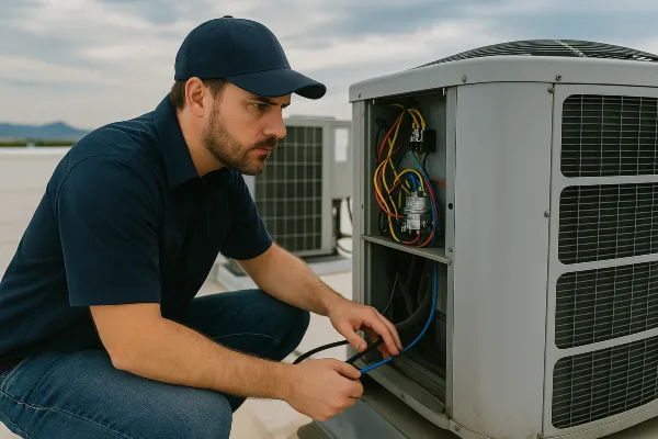 a male air conditioning technician checking a commercial ac unit located on the roof of the building from Georgetown AC Repair in Georgetown, TX - AC Inspection