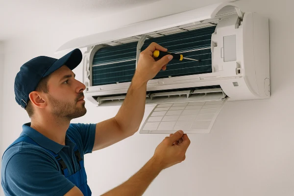 an air conditioning technician checking a mini split ac from Georgetown AC Repair in Georgetown, TX - AC Inspection