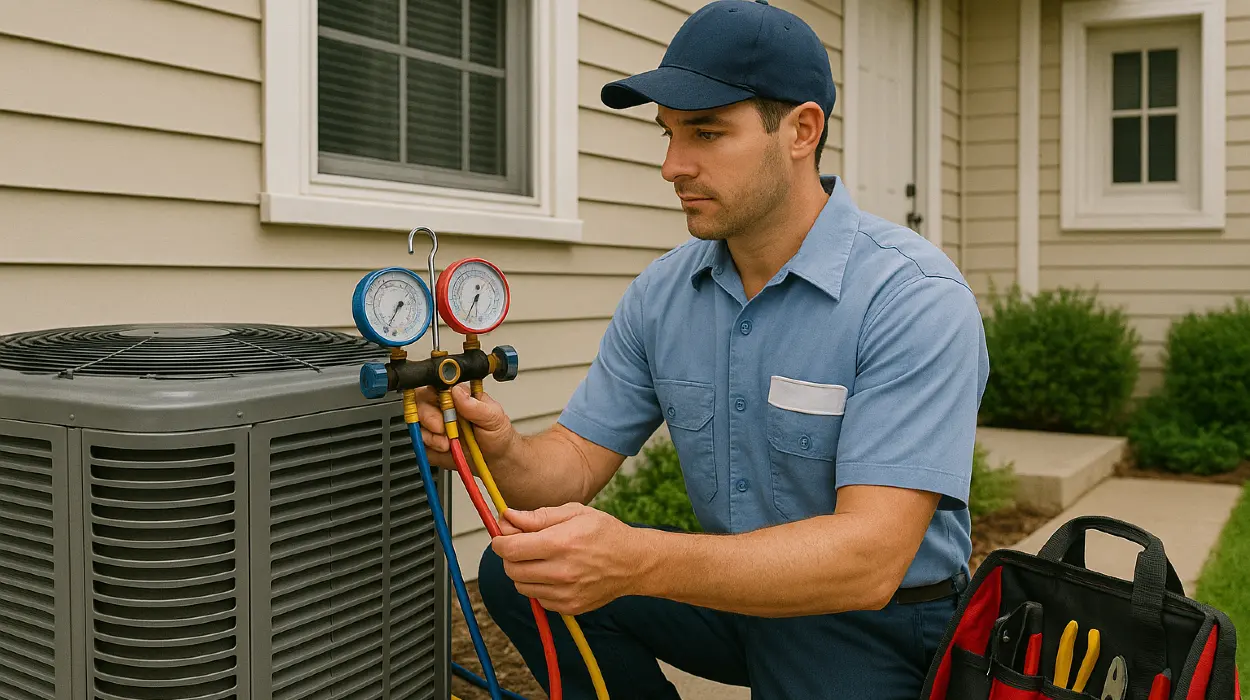 an air conditioning technician in uniform using the manifold gauge to test an ac unit from Georgetown AC Repair in Georgetown, TX - AC system Installation