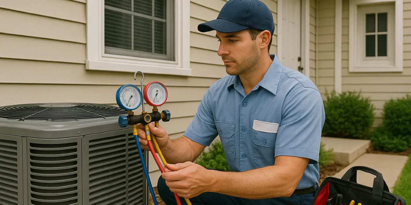 an air conditioning technician in uniform using the manifold gauge to test an ac unit from Georgetown AC Repair in Georgetown, TX - AC system Installation