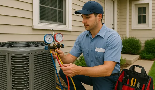 an air conditioning technician in uniform using the manifold gauge to test an ac unit from Georgetown AC Repair in Georgetown, TX - AC system Installation