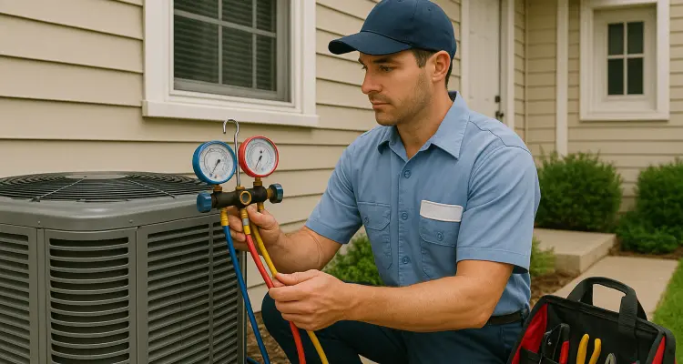 an air conditioning technician in uniform using the manifold gauge to test an ac unit from Georgetown AC Repair in Georgetown, TX - AC system Installation