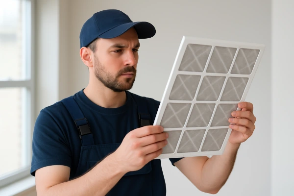 an air conditioning technician holding and checking an ac filter from Georgetown AC Repair in Georgetown, TX - AC system Installation