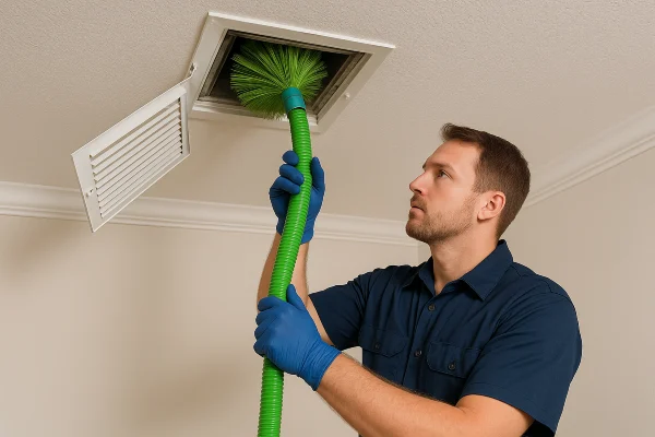 an air conditioning technician cleaning the ducts with a machine from Georgetown AC Repair in Georgetown, TX - AC system Installation
