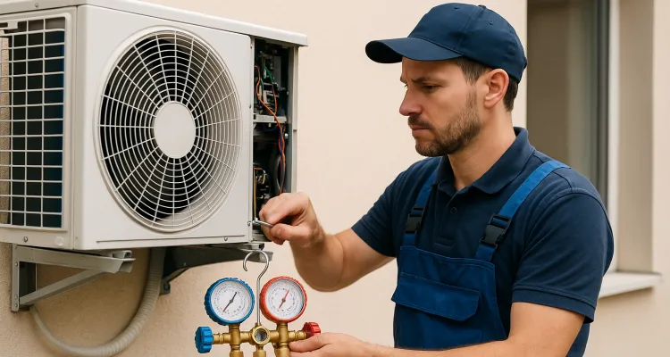 a male air conditioning technician checking an ac unit from Georgetown AC Repair in Georgetown, TX Air Conditioning Technician near me