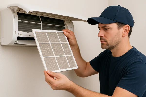 a male air conditioning technician replacing an ac filter from Georgetown AC Repair in Georgetown, TX Air Conditioning Technician near me
