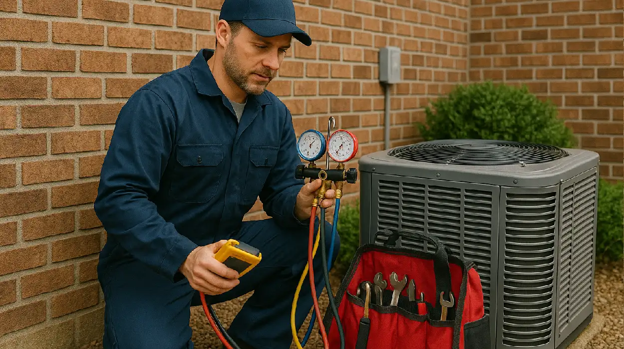 an air conditioning technician with his tools checking an outside ac unite from Georgetown AC Repair in Georgetown, TX - Furnace repair