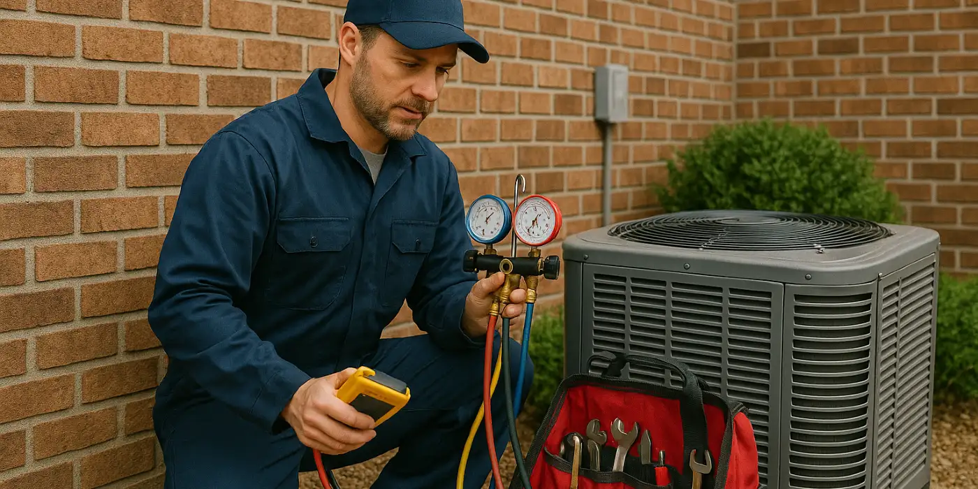 an air conditioning technician with his tools checking an outside ac unite from Georgetown AC Repair in Georgetown, TX - Furnace repair