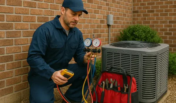 an air conditioning technician with his tools checking an outside ac unite from Georgetown AC Repair in Georgetown, TX - Furnace repair