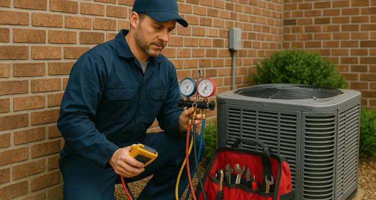 an air conditioning technician with his tools checking an outside ac unite from Georgetown AC Repair in Georgetown, TX - Furnace repair