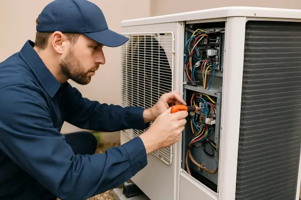 an air conditioning technician using a scredriver to check the wires of an ac unite from Georgetown AC Repair in Georgetown, TX - Furnace repair
